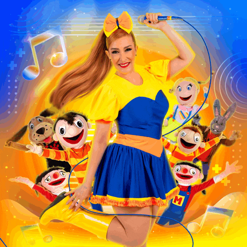 a woman in a yellow and blue dress is holding a microphone in front of a bunch of stuffed animals