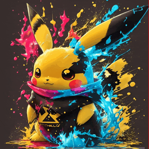 a painting of a pikachu with splashes of paint and the word hallz