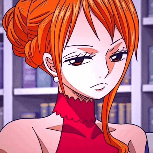 a close up of a cartoon character with orange hair and a red dress