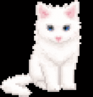 a pixel art illustration of a white cat with blue eyes sitting down .