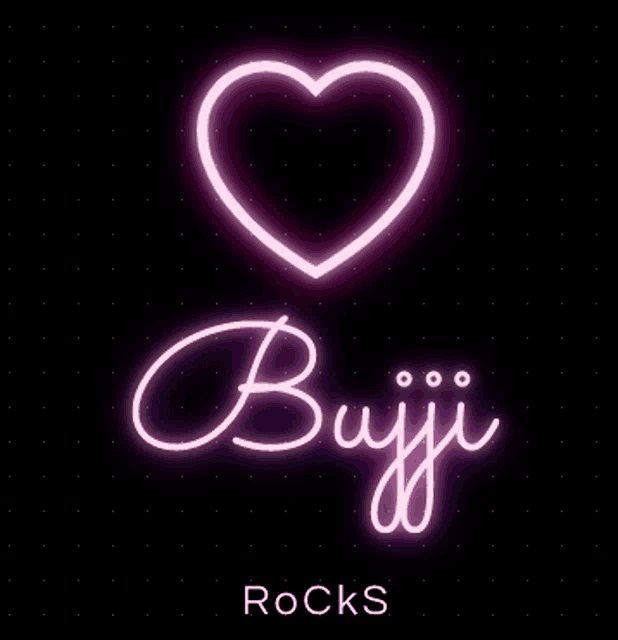 a neon sign with a heart and the name buji