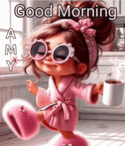 a little girl in a pink robe is holding a cup of coffee and a spoon .