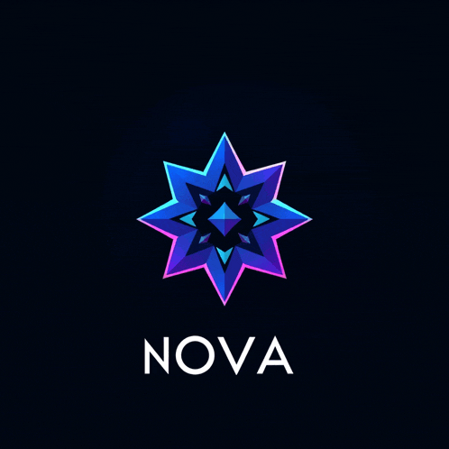 a logo for nova with a blue and purple star on a dark background