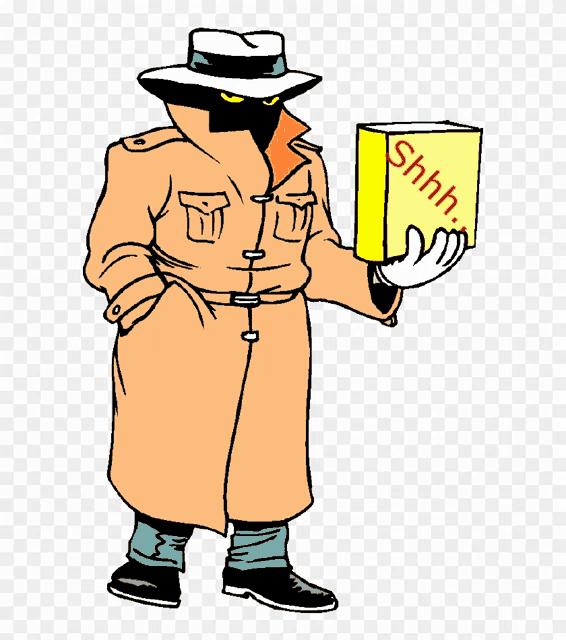 a cartoon drawing of a man in a trench coat holding a book that says shhh