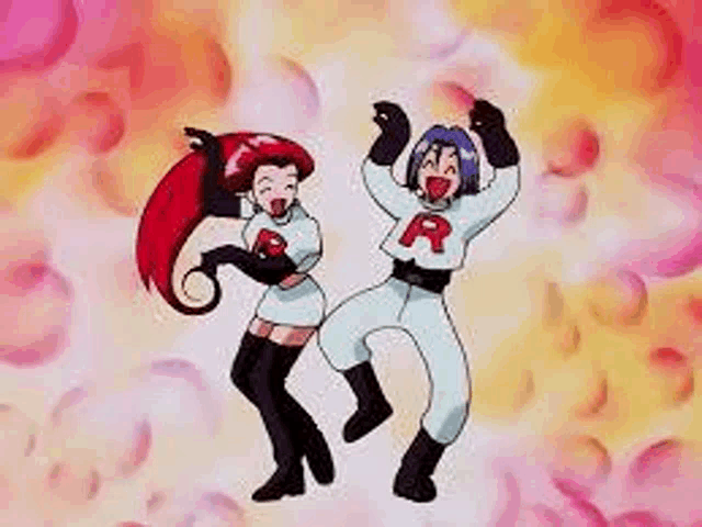 a man and a woman are dancing together in a pokemon anime .