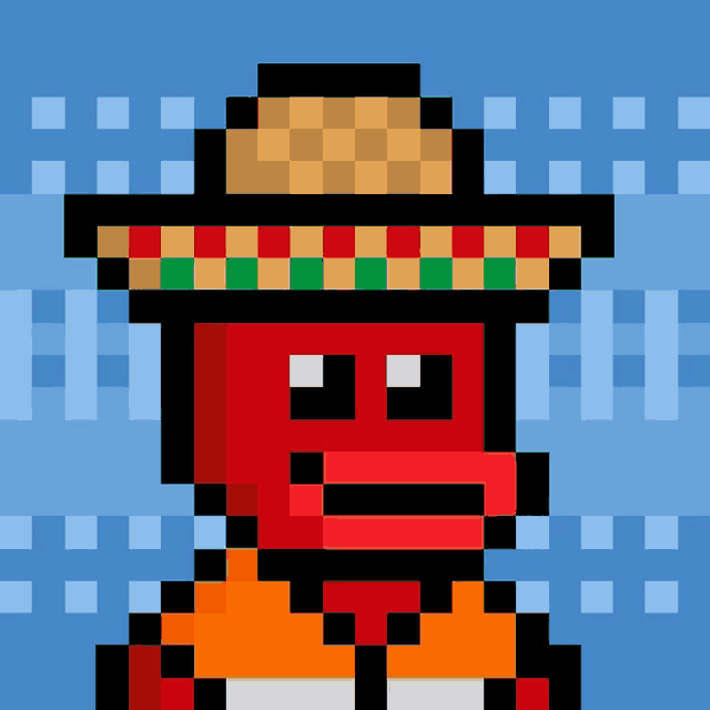 a pixel art of a red monkey wearing a sombrero on a blue background