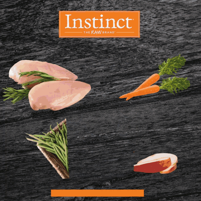 an advertisement for instinct the raw brand shows chicken carrots green beans and apple