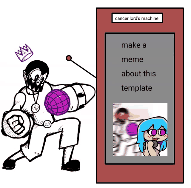 a drawing of a man holding a purple ball next to a red box that says cancer lord 's machine on it