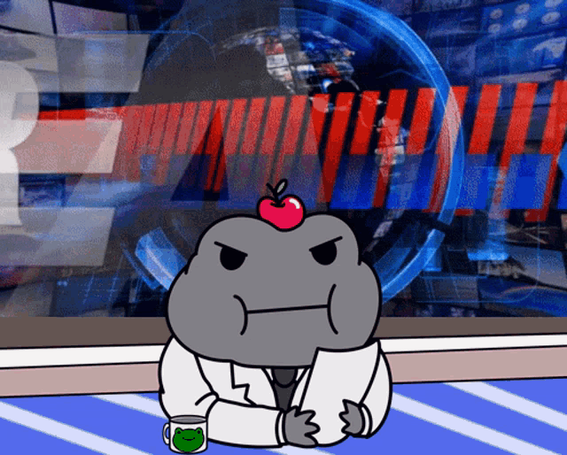 a cartoon character with an apple on his head is sitting in front of a screen that says " r "