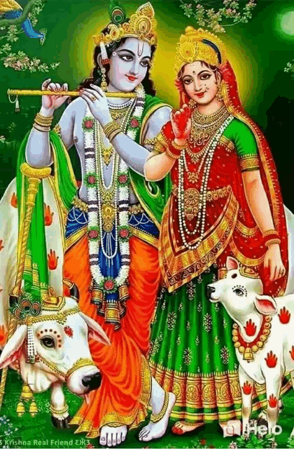 a painting of krishna and radha with a cow