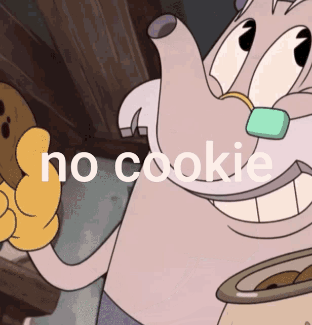a cartoon character holding a cookie with the words " no cookie " below him