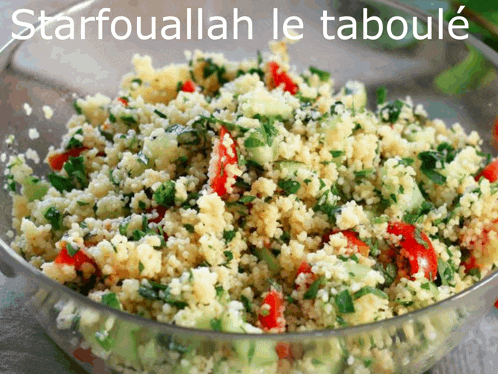 a bowl of couscous with vegetables and the words starfouallah le taboulé above it