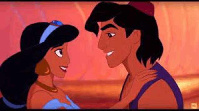 aladdin and jasmine are looking at each other and smiling .