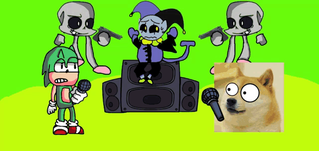 a cartoon of a doge holding a microphone next to a cartoon of a skeleton