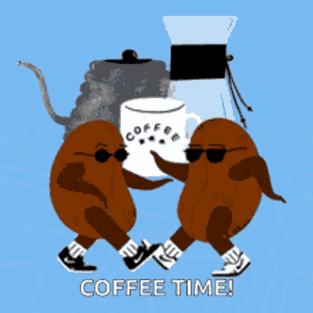 two coffee beans wearing sunglasses are walking with a cup of coffee