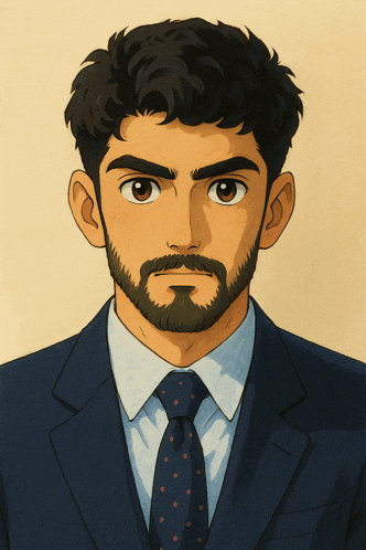 a cartoon drawing of a man with a beard in a suit and tie