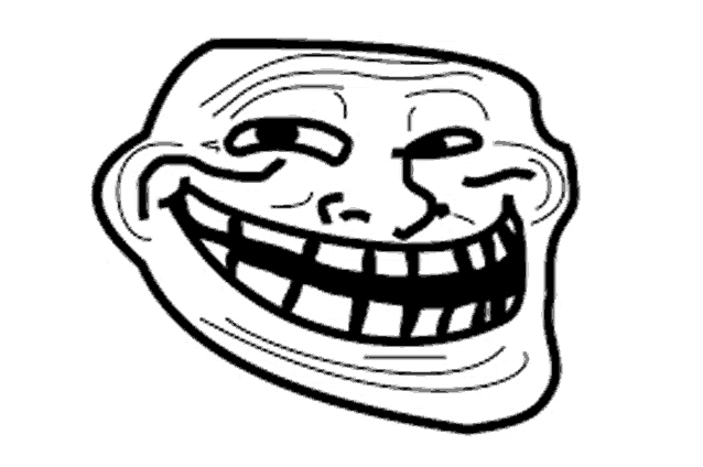 a black and white drawing of a troll face with a big smile on it .