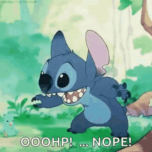 a cartoon of stitch saying ooohp nope in the grass