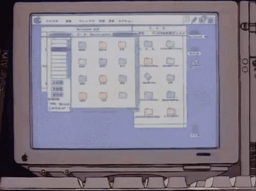 a cartoon drawing of a computer screen showing folders and icons