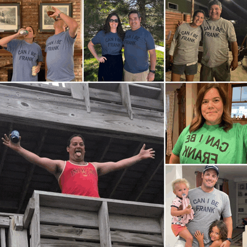 a collage of people wearing can i be frank t-shirts