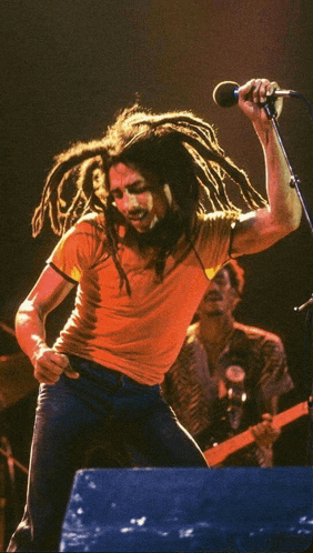 a man with dreadlocks sings into a microphone while another man plays a guitar