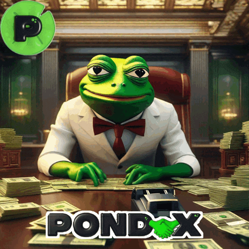 a frog in a suit sits at a table with stacks of money and the word pond x on it