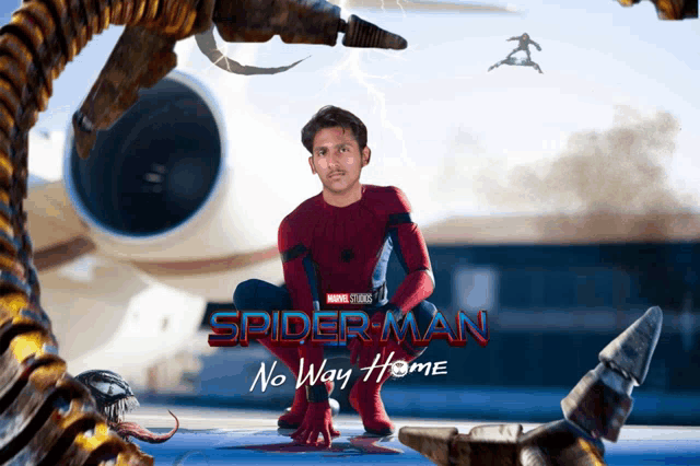 a poster for spider-man no way home shows a man in a spider suit