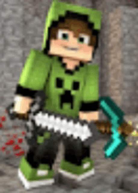 a minecraft character is holding a pickaxe and a sword .