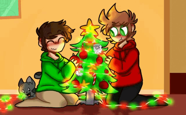 two boys decorate a christmas tree with a cat looking on