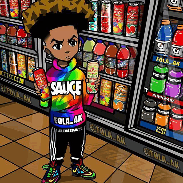 a cartoon drawing of a boy holding a can of arizona juice