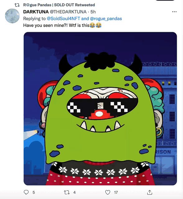 a cartoon of a monster wearing sunglasses and a sweater is being retweeted by rogue pandas