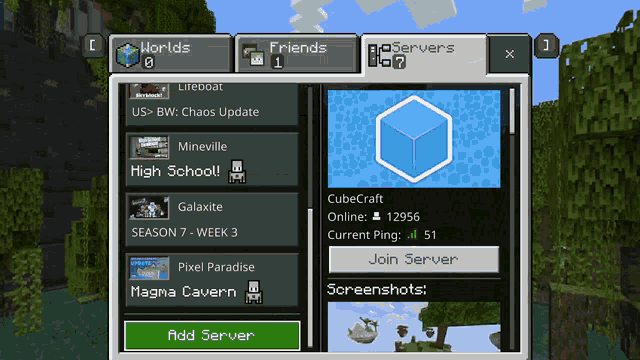 a screen shot of a minecraft game with the add server button highlighted