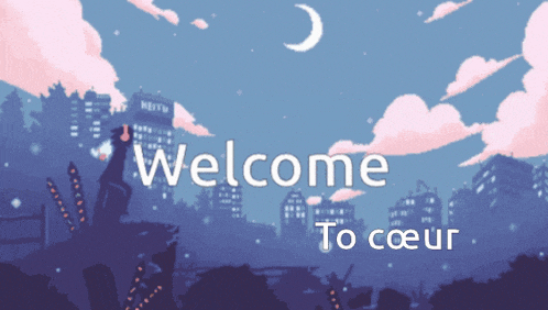 a welcome to cœur sign with a pixel art landscape in the background