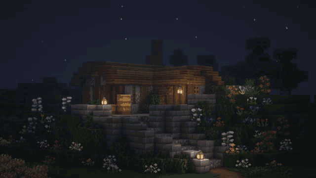 a house in a video game with a lantern lit up