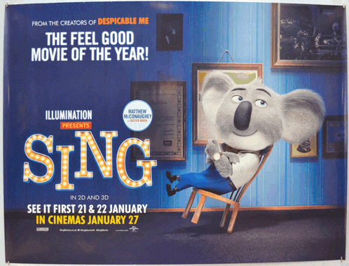 a poster for the movie sing shows a koala bear sitting in a chair