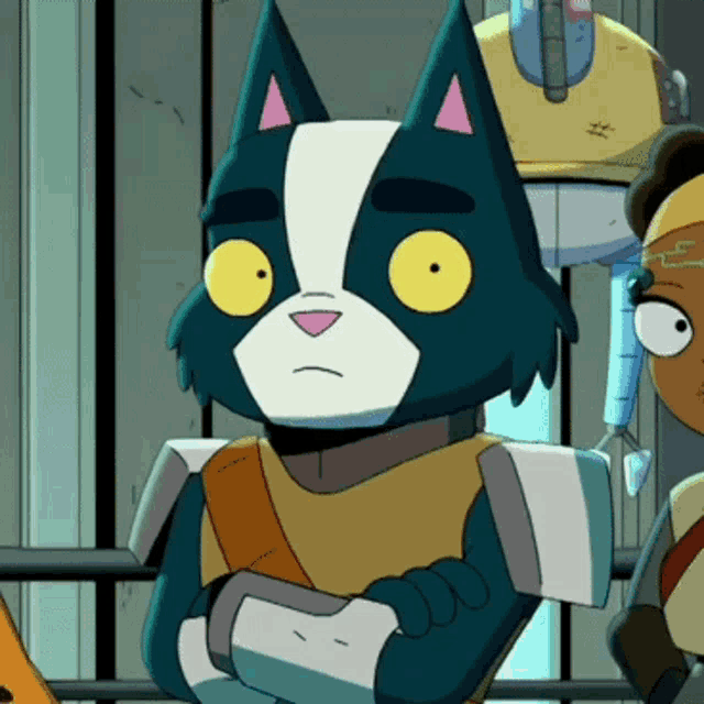 a cartoon cat with yellow eyes is standing next to another cat