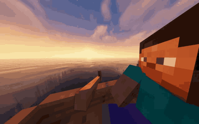 a screenshot of a minecraft game shows a sunset over the ocean