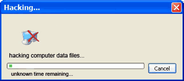 a computer screen that says hacking computer data files and a cancel button