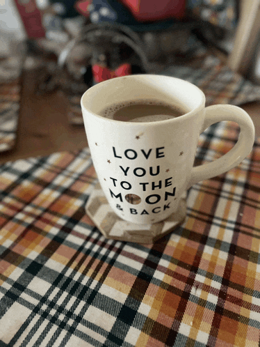 a mug that says love you to the moon and back sits on a plaid table cloth