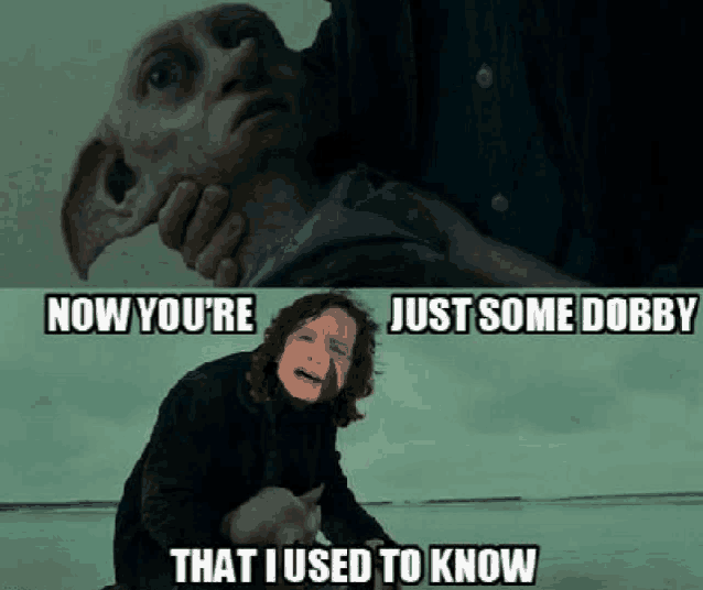 a harry potter meme that says now you 're just some dobby that i used to know ..