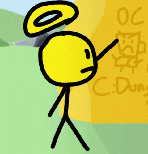 a stick figure with a smiley face is standing in front of a yellow sign that says " c. dung "