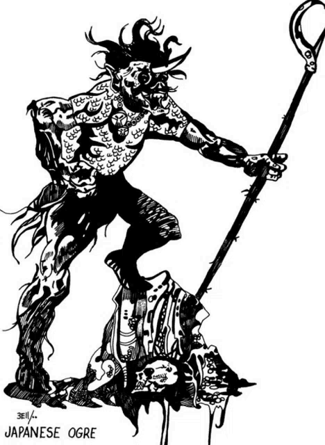 a black and white drawing of a japanese ogre holding a stick