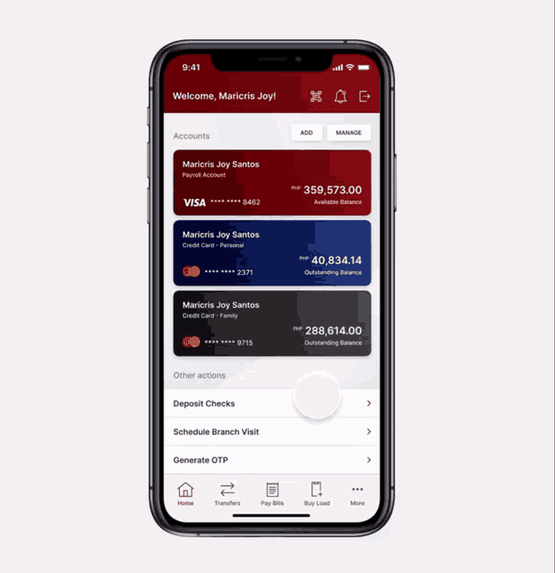 a phone screen shows a screenshot of the maricris joy santos mobile banking app