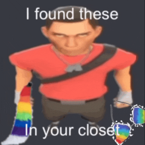 a man in a red shirt is holding a rainbow scarf with the words " i found these in your closet " below it