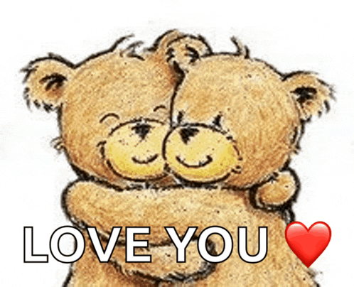 two teddy bears hugging each other with the words love you written below them