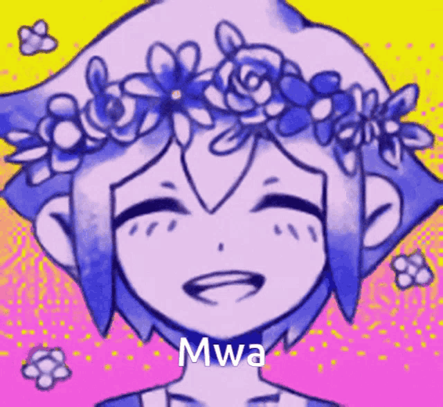 a drawing of a girl with a flower crown on her head and the word mwa on the bottom .