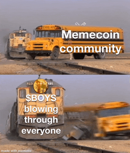 a meme coin community with a picture of a school bus blowing through everyone