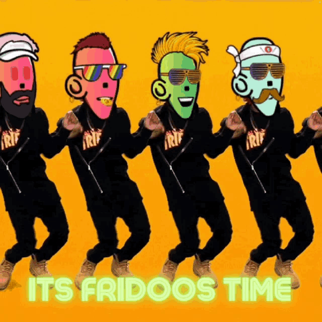 a group of cartoon characters dancing with the words " its fridoos time "