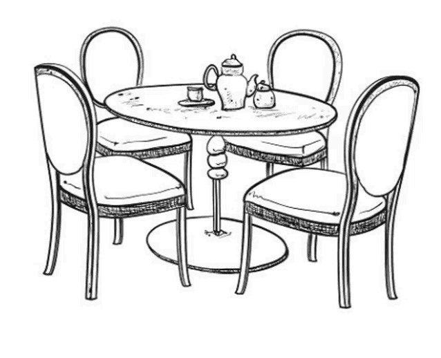 a black and white drawing of a dining table and chairs with a teapot and cups on it .