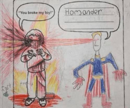 a drawing of a boy holding a gun talking to a superhero